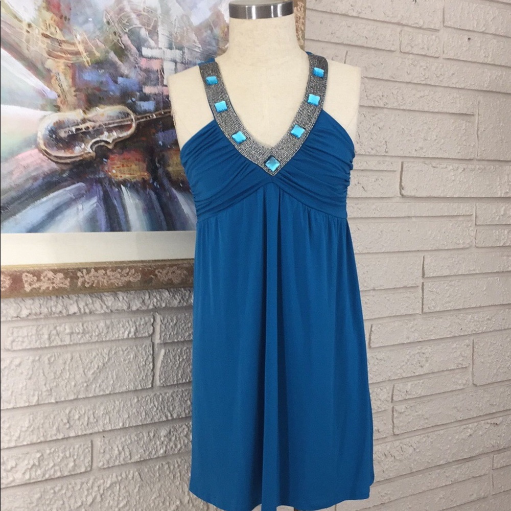 Bailey Blue Beaded Neckline Empire Style Dress